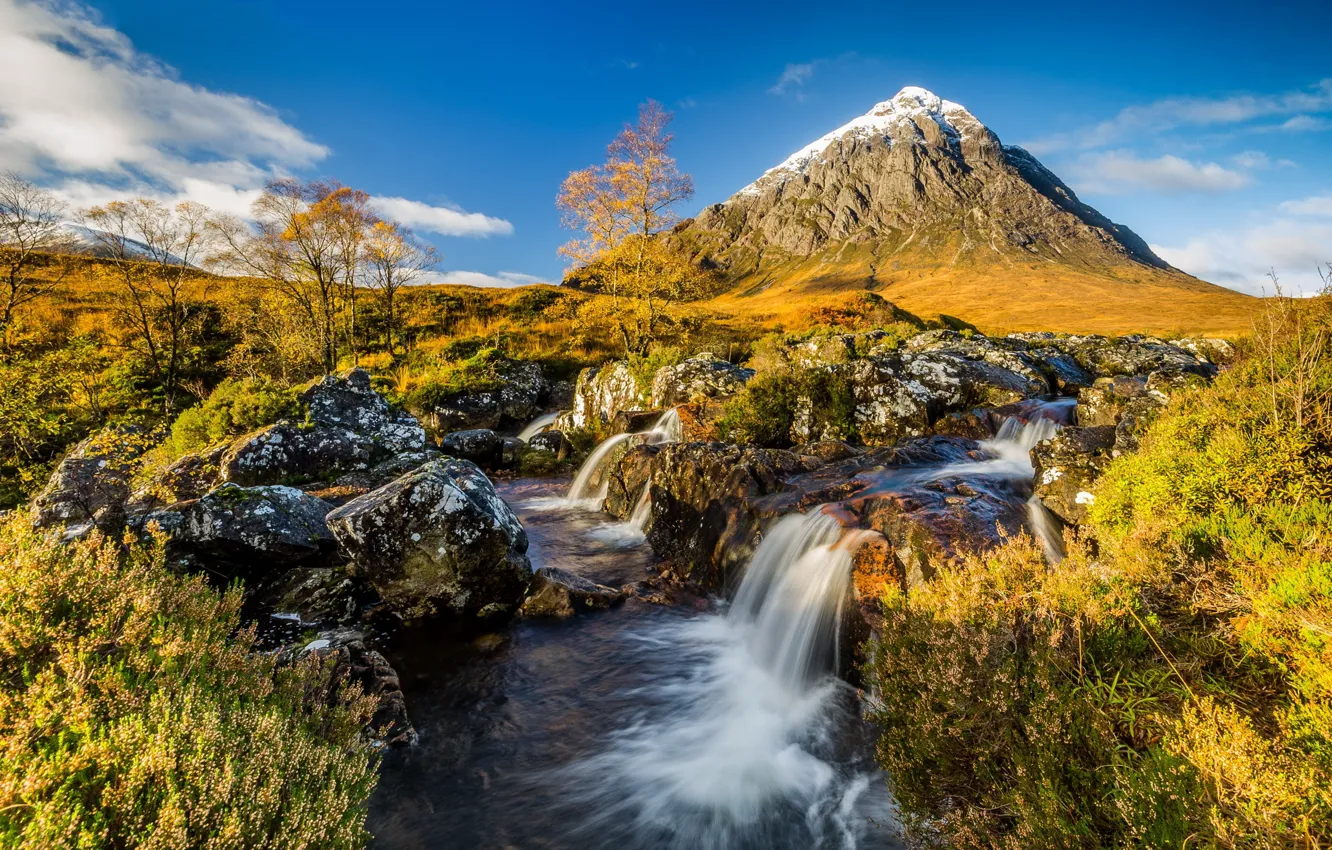 Фото обои осень, река, гора, поток, утро, Шотландия