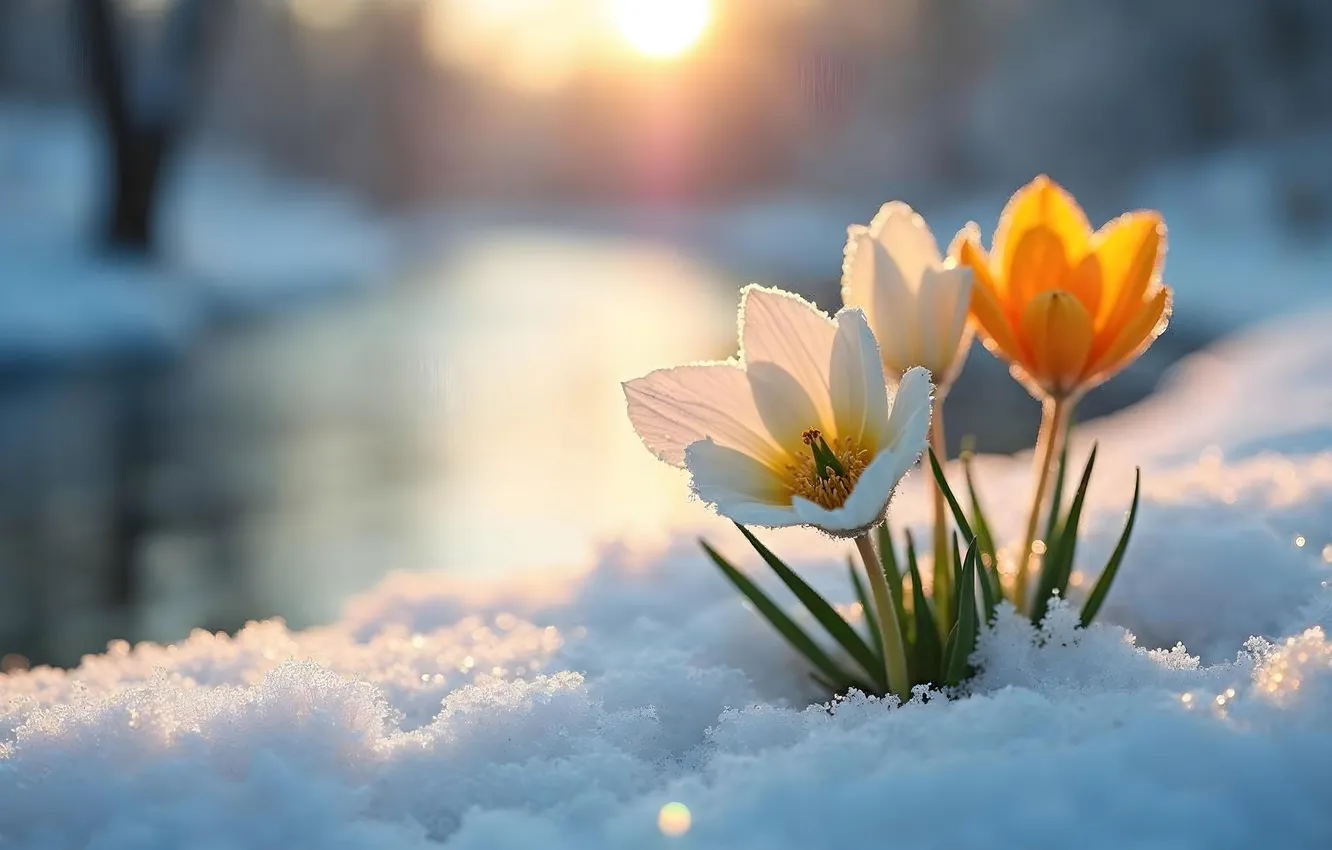 Фото обои зима, снег, цветы, весна, крокусы, flowers, winter, snow