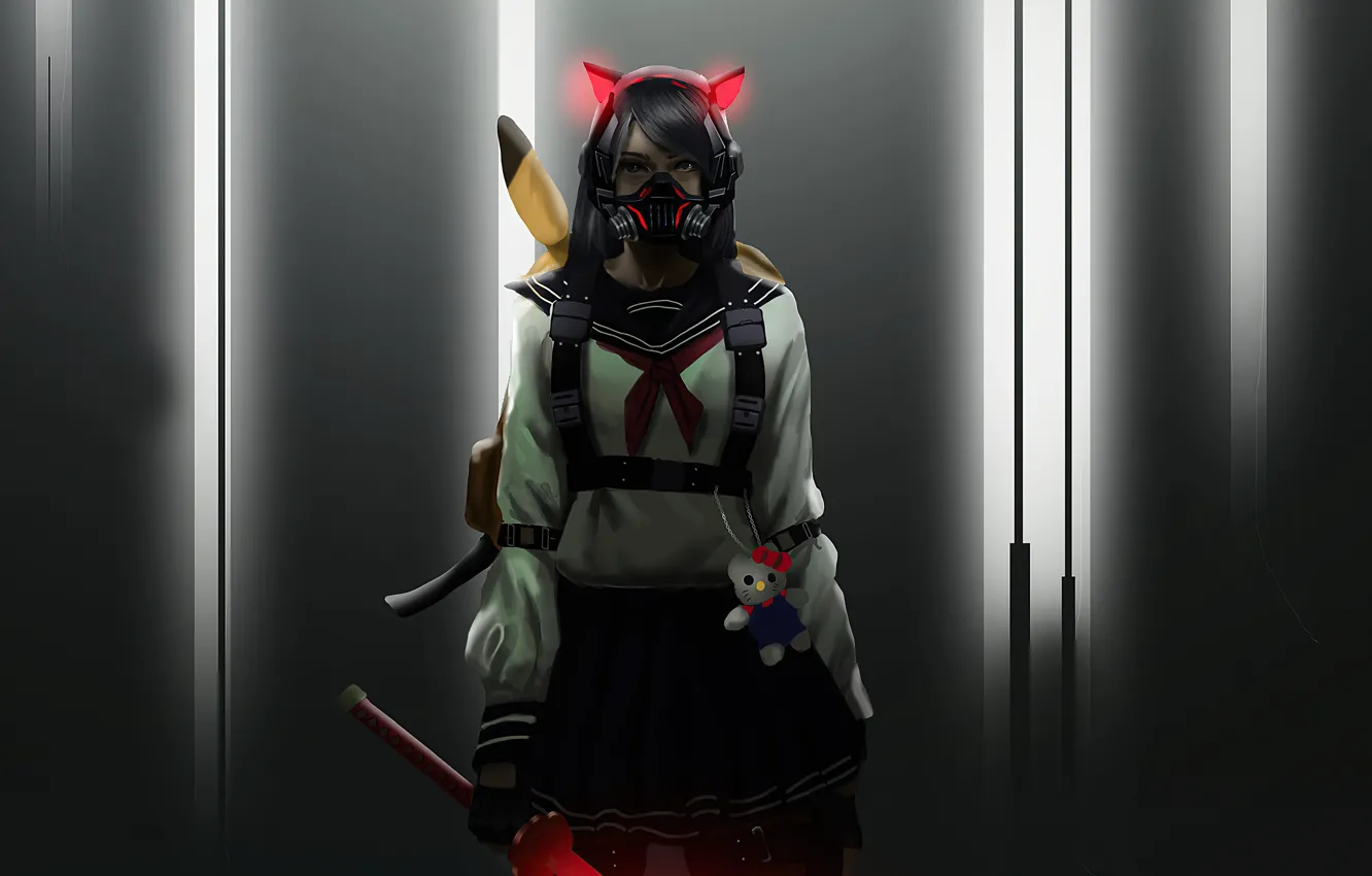 Фото обои school uniform, weapon, women, digital art, Hello Kitty, artwork, mask, gloves