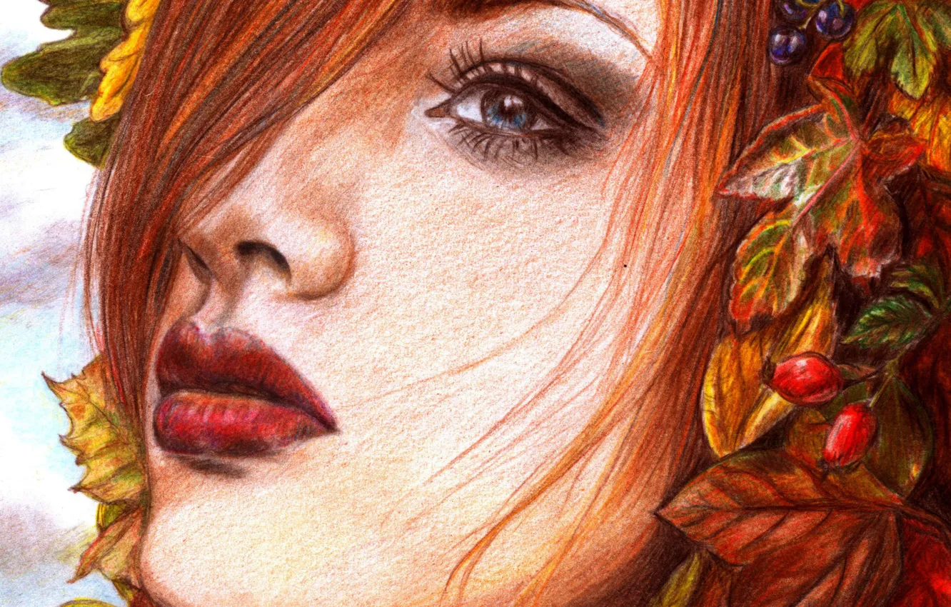 Фото обои взгляд, листья, девушка, лицо, ягоды, волосы, макияж, живопись