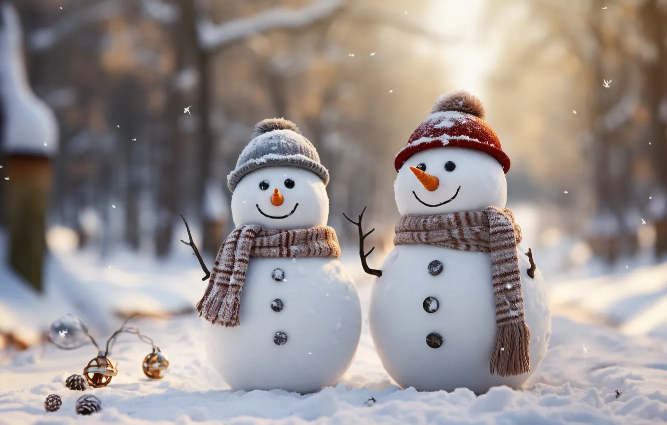 Фото обои зима, снег, Рождество, Новый год, снеговик, Christmas, winter, snow