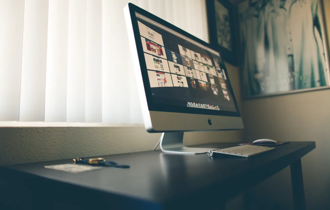 Фото обои стол, apple, мышь, клавиатура, монитор, бренд, iMac