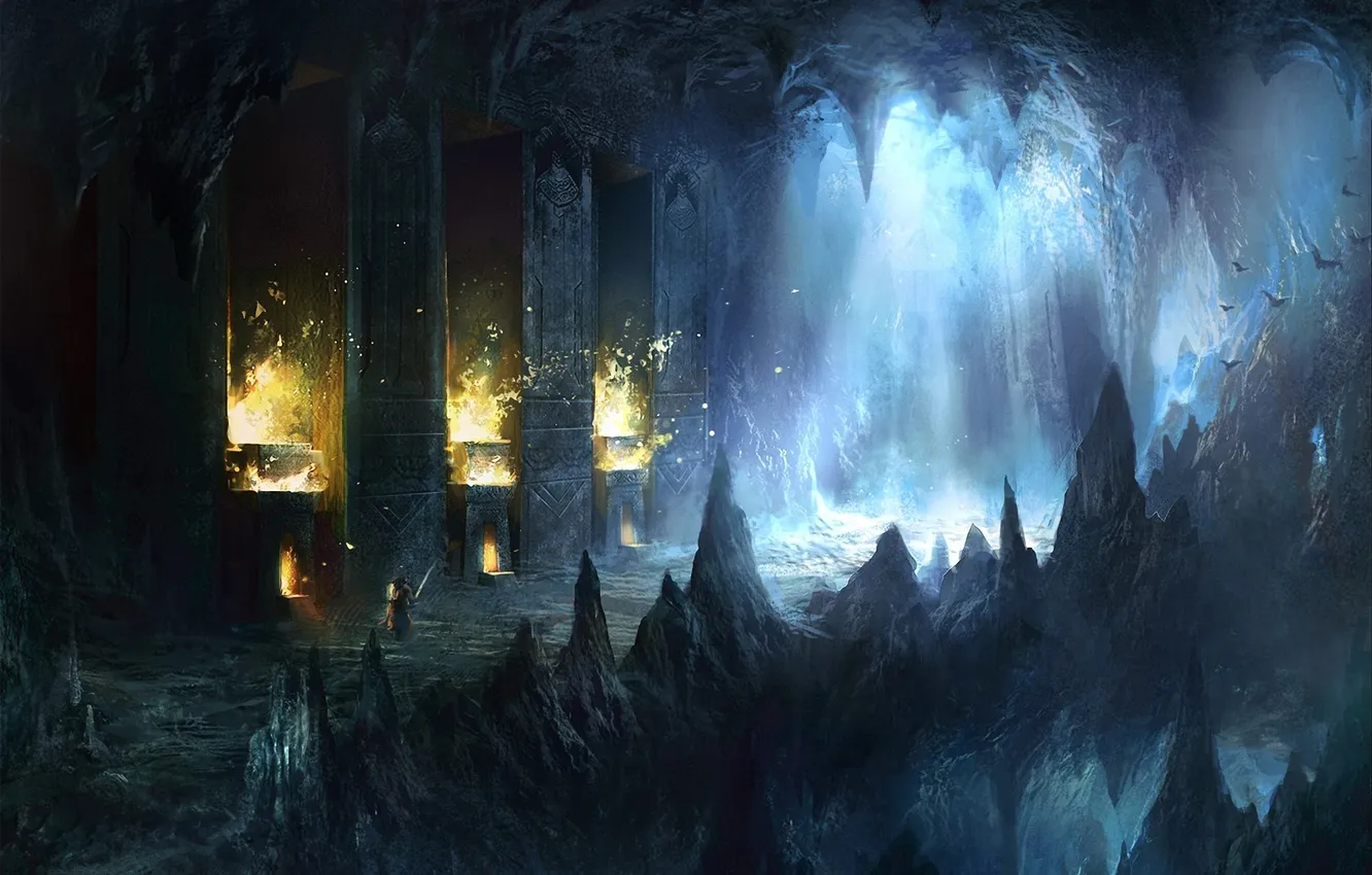 Фото обои свет, скалы, огонь, человек, меч, арт, колонны, пещера