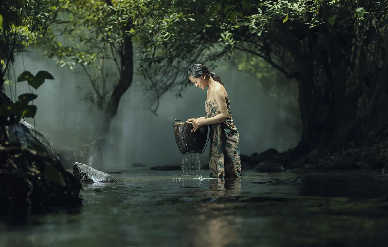 Фото обои лес, природа, озеро, женщина