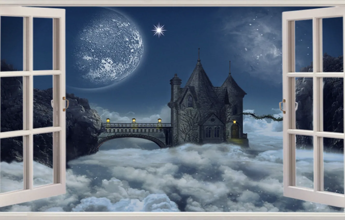 Фото обои Fantasy, Clouds, Castle, Window, Heavens