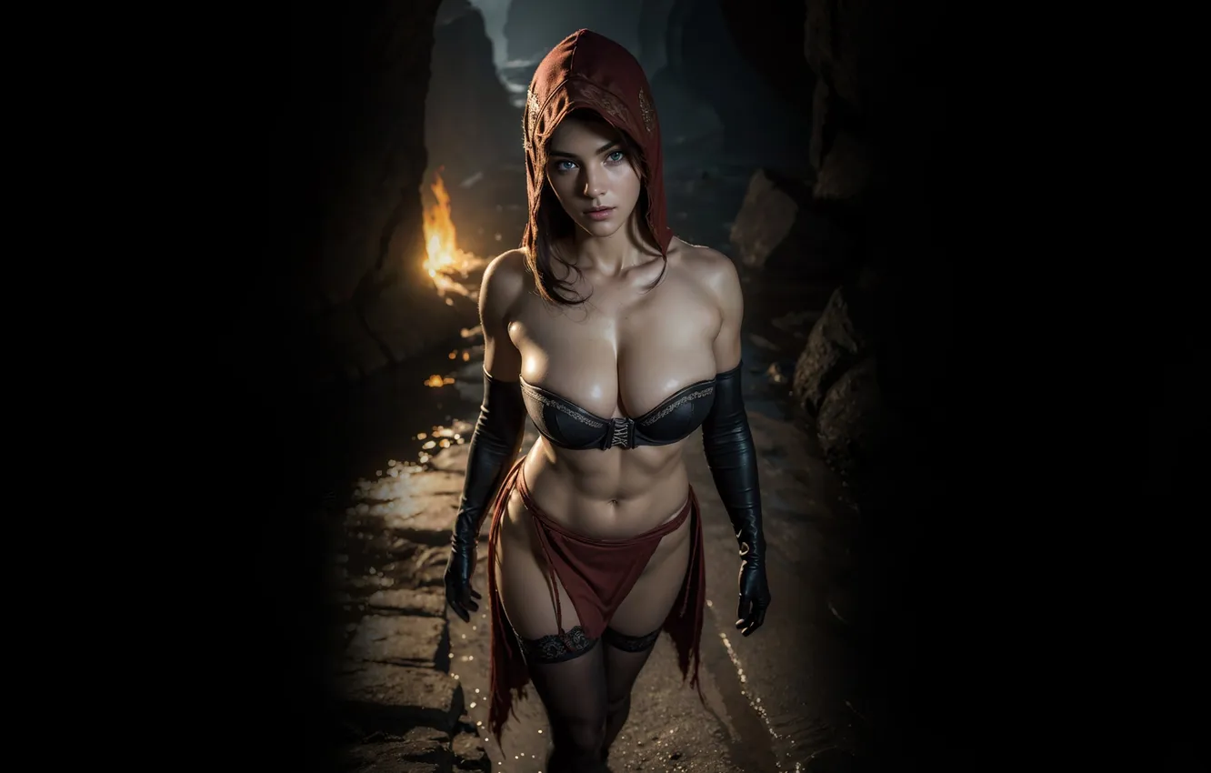 Фото обои взгляд, девушка, пещера