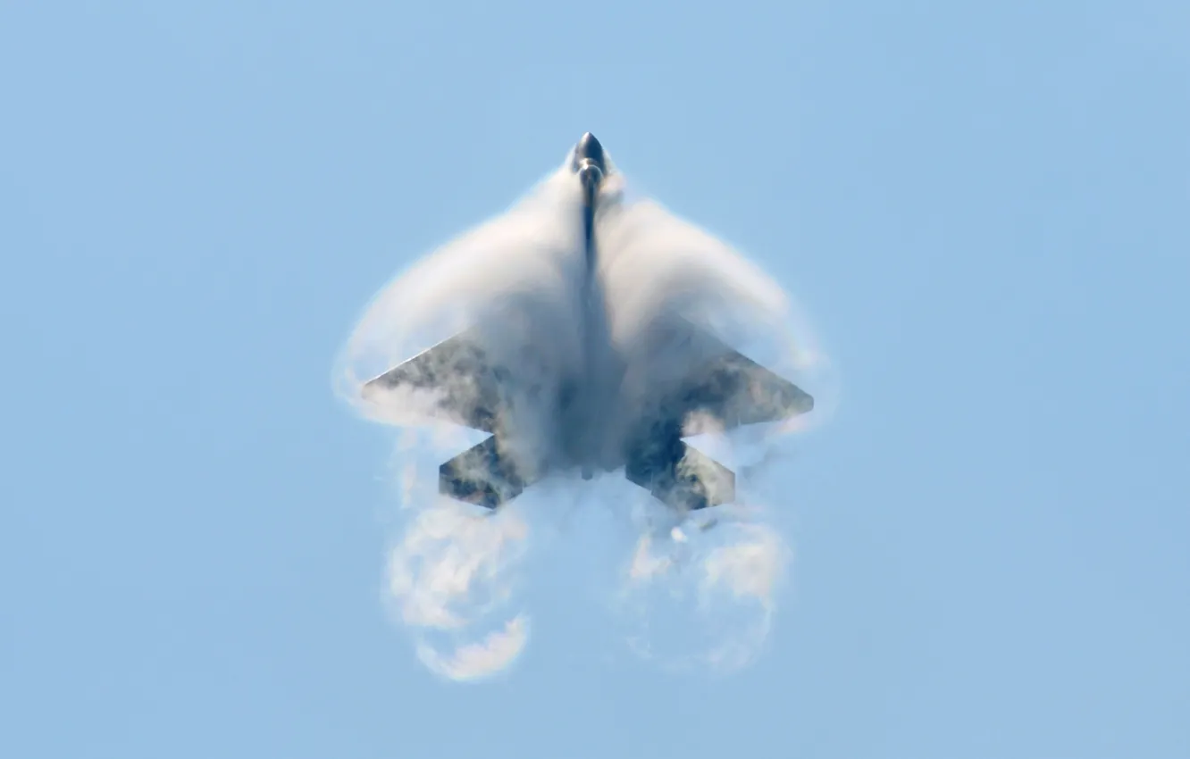 Фото обои истребитель, Раптор, F-22, Raptor, инверсионный след, эффект Прандтля