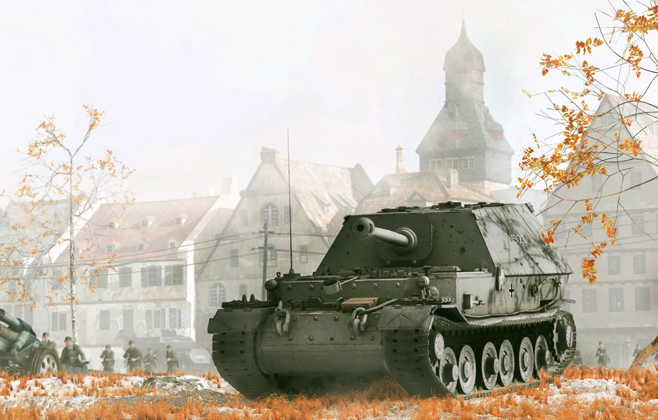 Фото обои осень, арт, солдаты, пушка, строения, САУ, вторая мировая война, вермахт