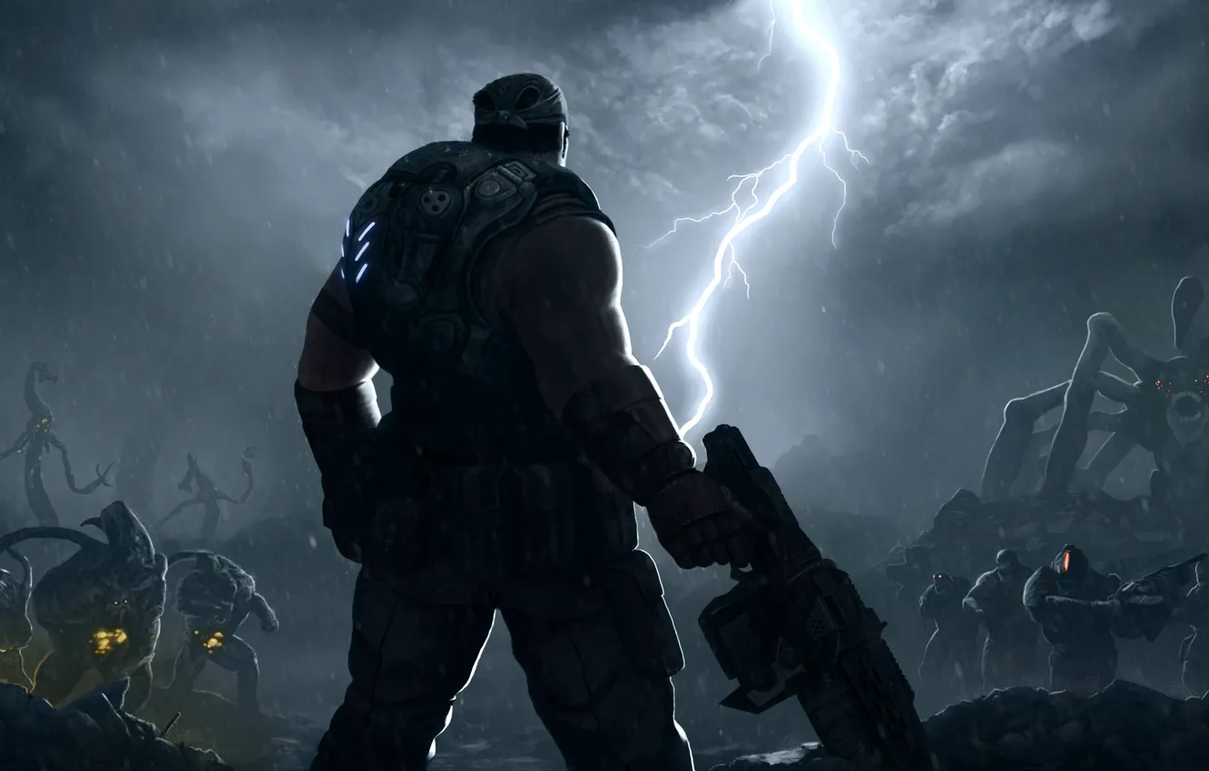 Фото обои тучи, дождь, молния, монстры, Gears of War, Marcus Fenix