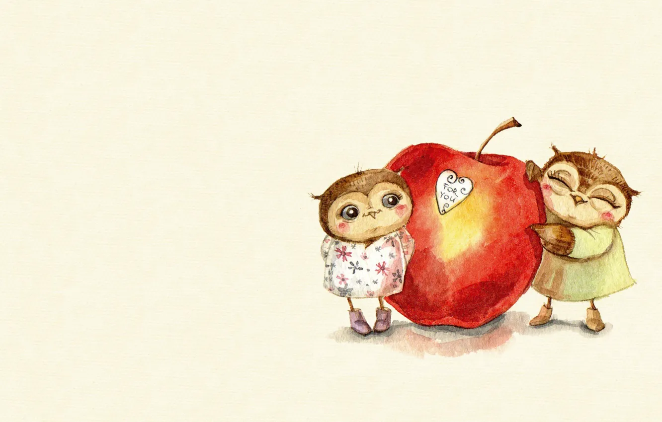 Фото обои настроение, подарок, сова, сердце, яблоко, арт, парочка, валентинка