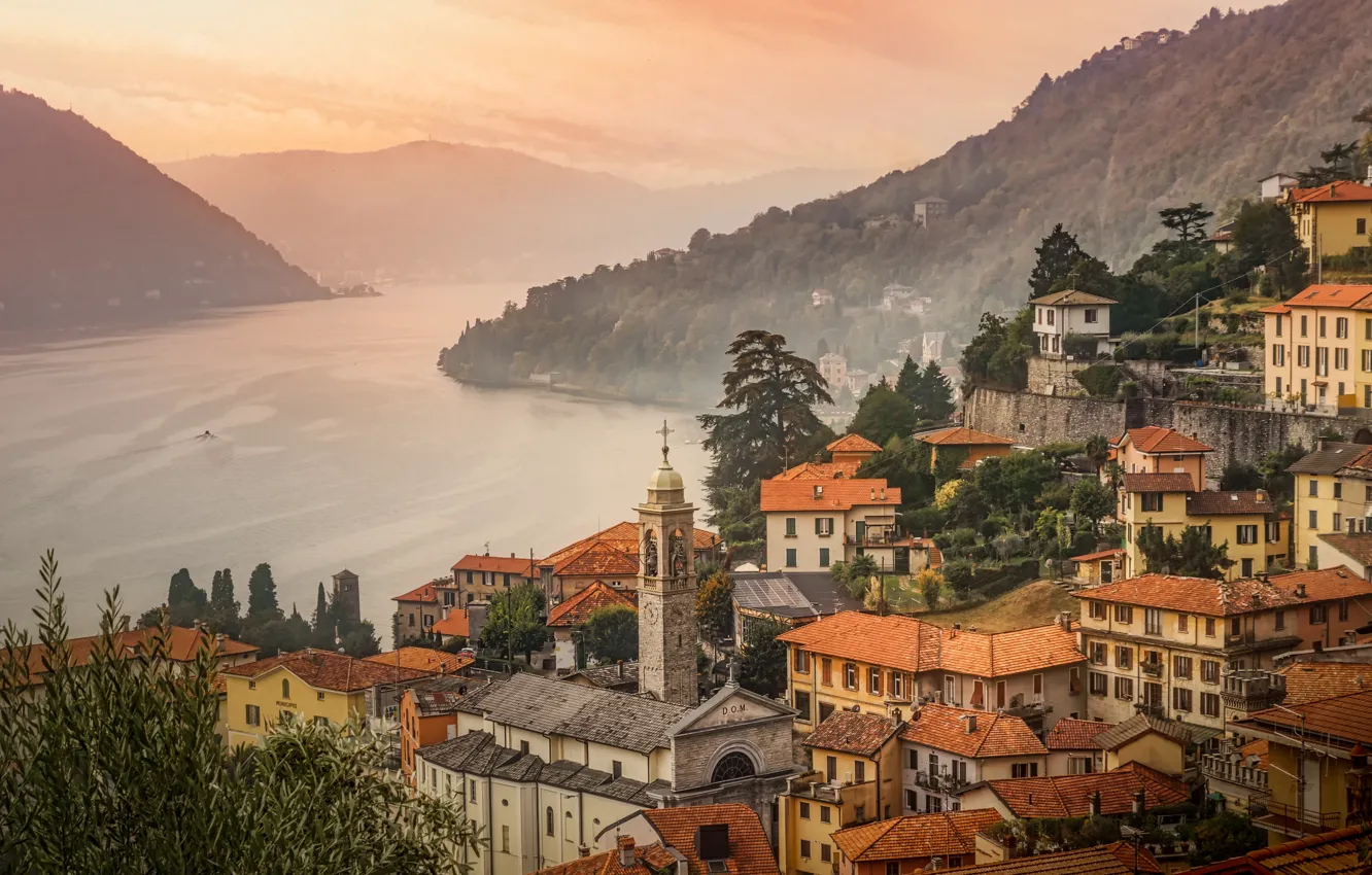 Фото обои горы, озеро, здания, дома, Италия, Italy, Ломбардия, Lombardy
