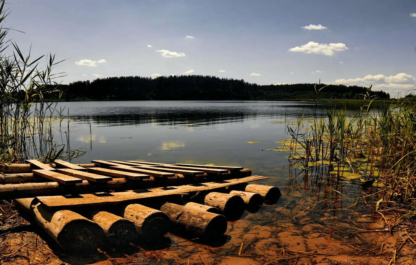 Фото обои озеро, берег, плот