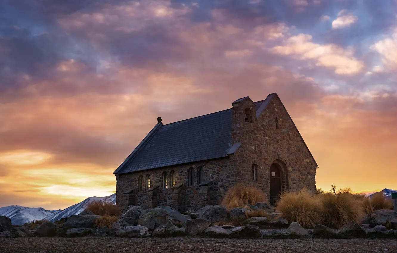 Фото обои вечер, Новая Зеландия, церковь, Tekapo church