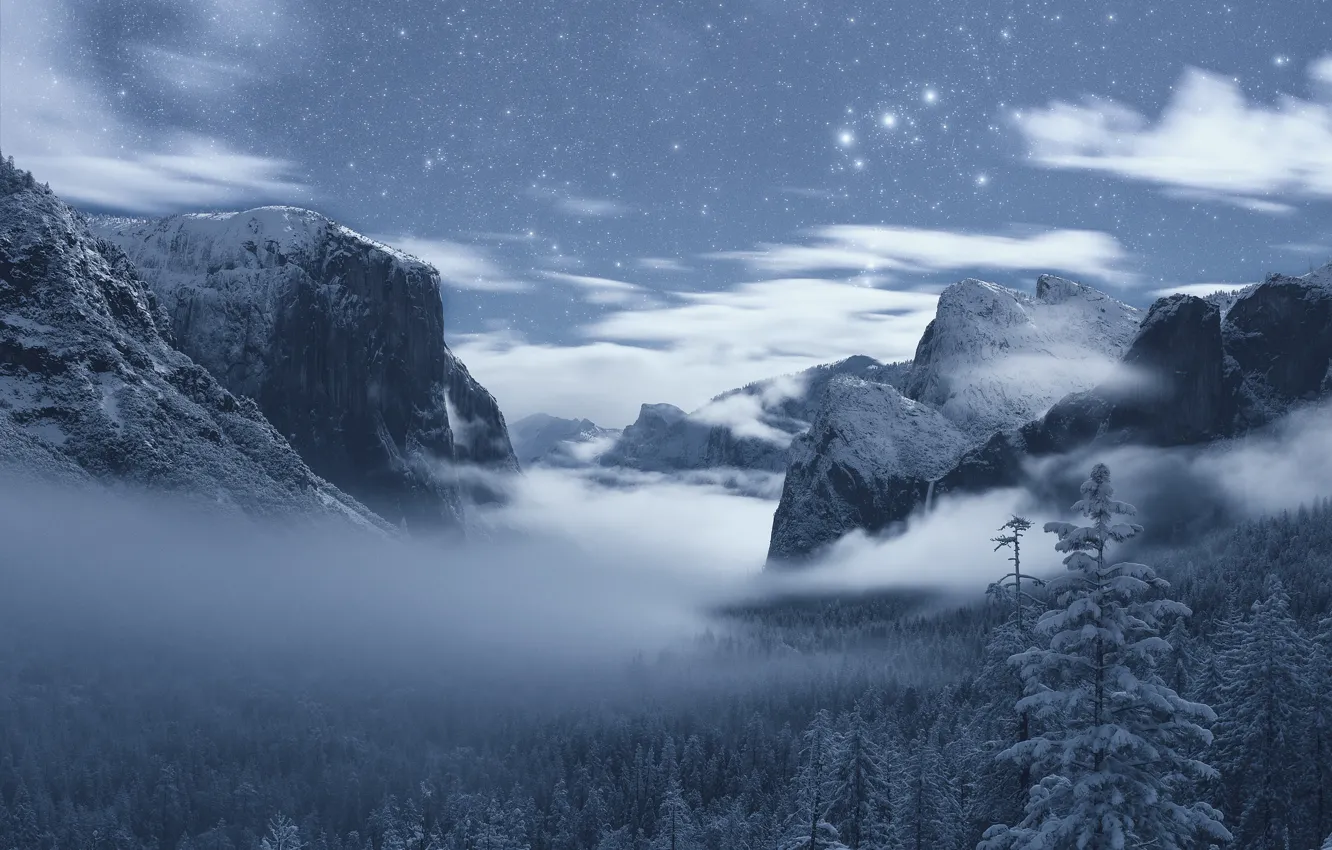 Фото обои зима, лес, горы, Калифорния, California, Yosemite Valley, Yosemite National Park, Сьерра-Невада
