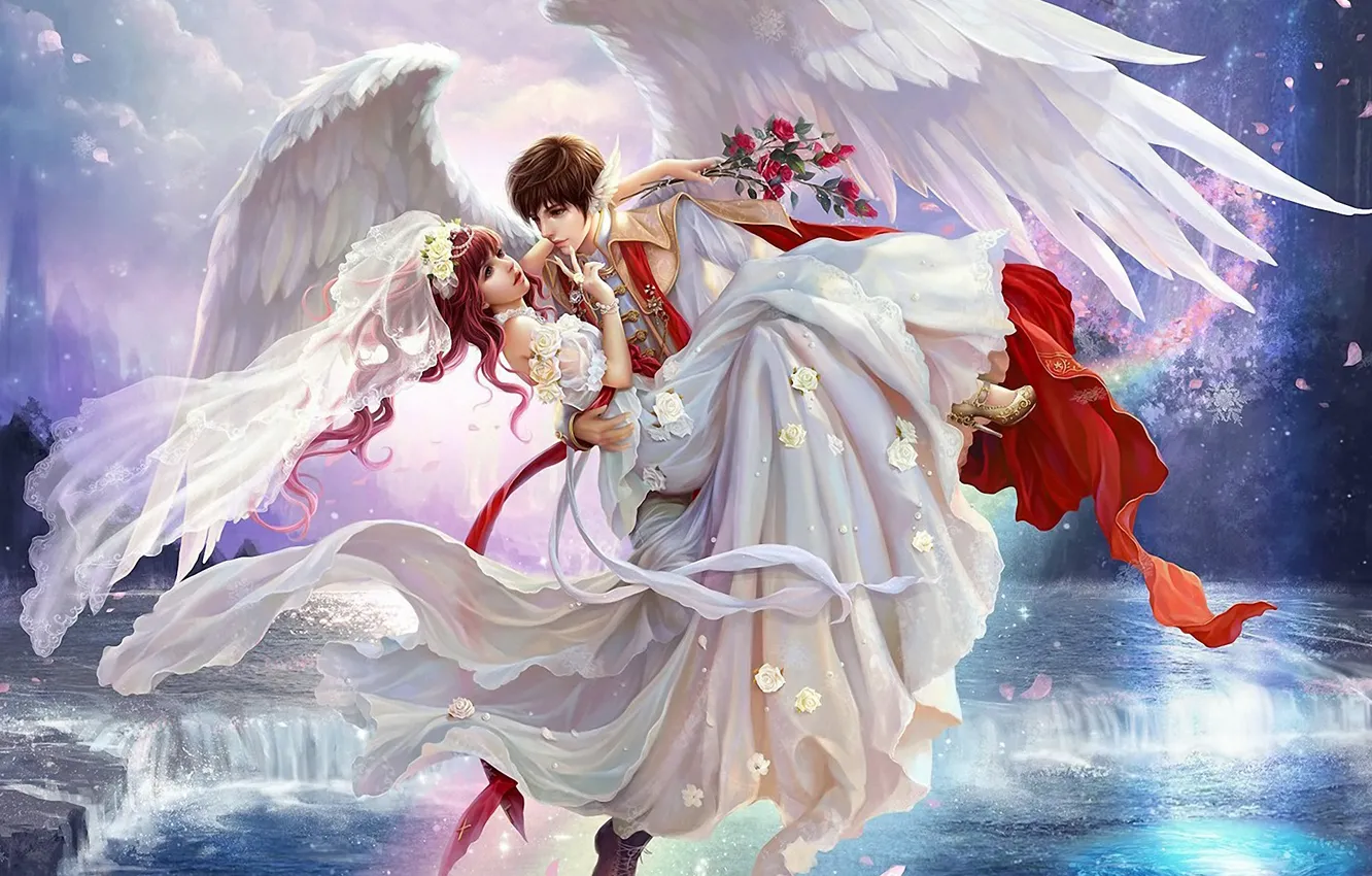 Фото обои девушка, цветы, водопад, розы, крылья, арт, парень, невеста