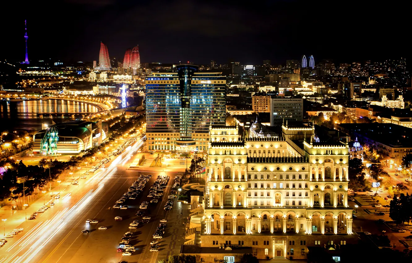 Фото обои ночь, night, Азербайджан, Azerbaijan, Baku, Баку