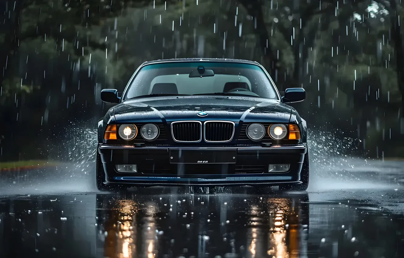 Фото обои car, BMW, rain, tree, dark blue