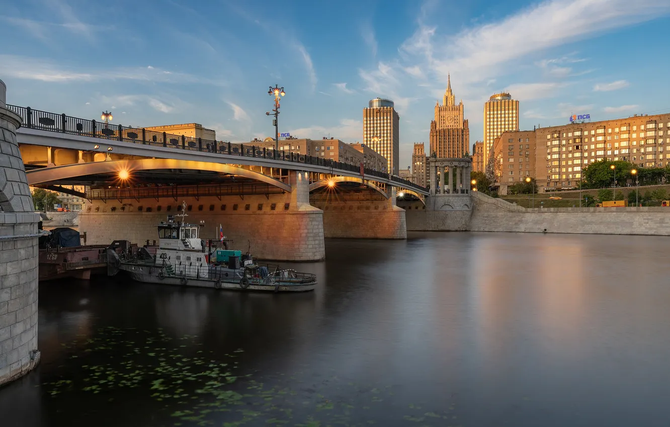 Фото обои мост, река, вечер, Москва, Сергей Серушкин, Бородинский мост