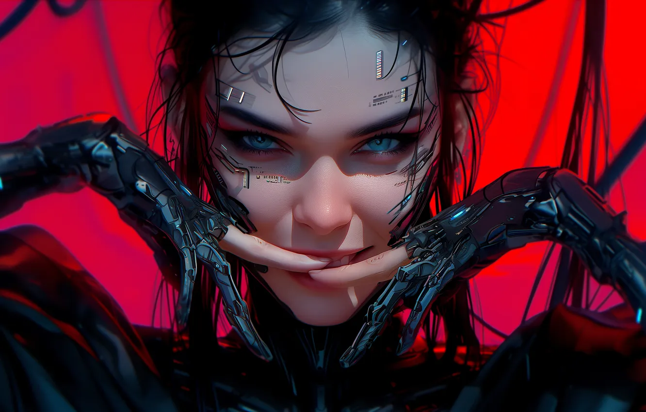 Фото обои girl, fantasy, robot, science fiction, blue eyes, sci-fi, cyberpunk, digital art