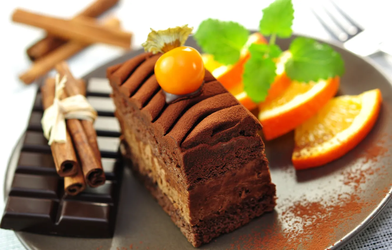 Фото обои плитка, темный, еда, шоколад, апельсины, палочки, торт, пирожное