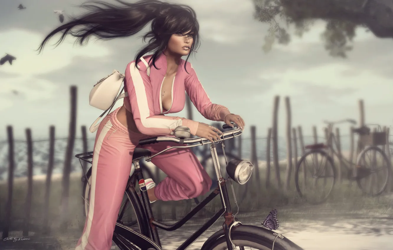 Фото обои лето, девушка, велосипед, лицо, стиль, ветер, волосы