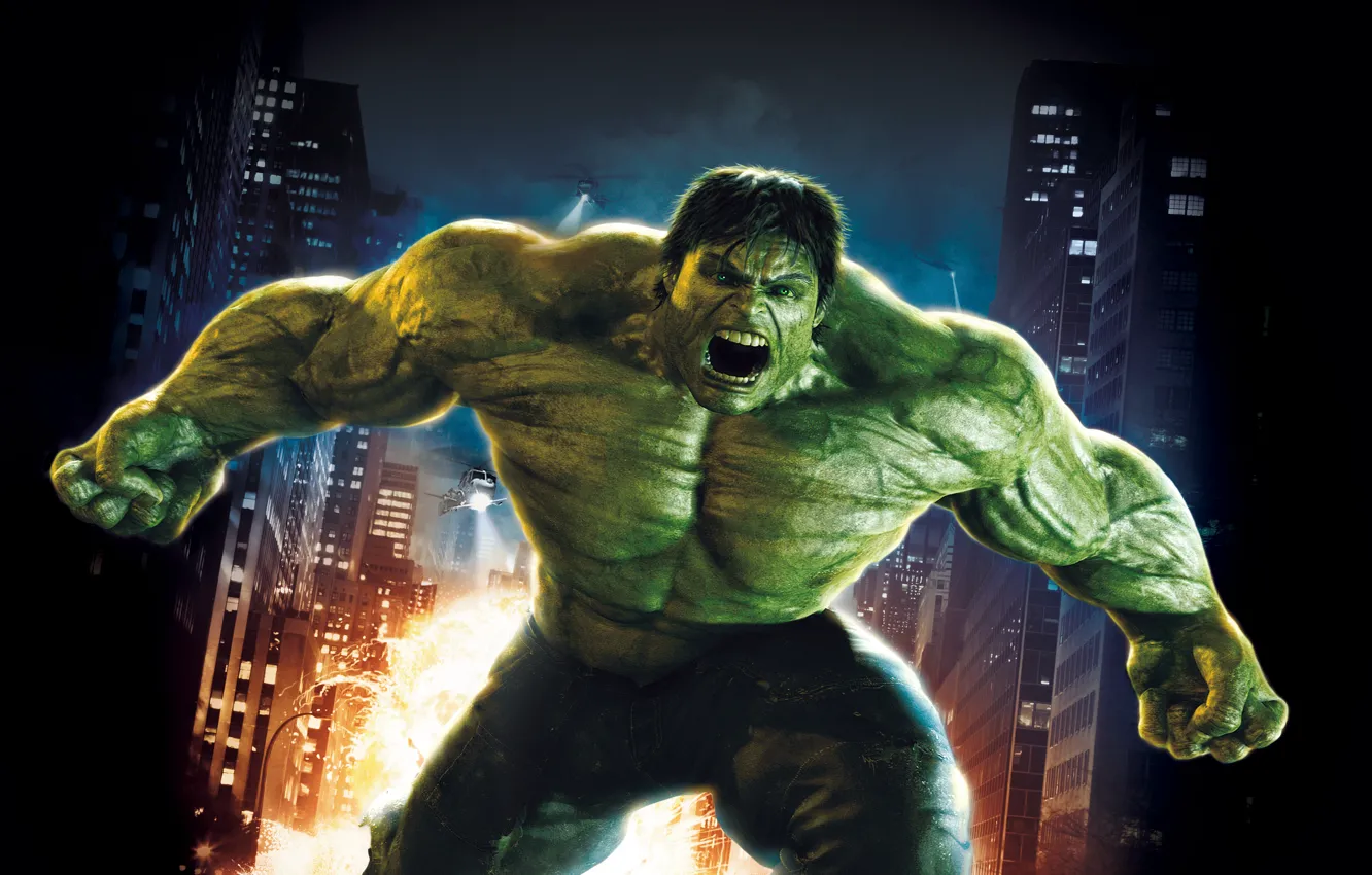 Фото обои 2008, City, Light, Action, Fantasy, Edward Norton, Fire, Hulk