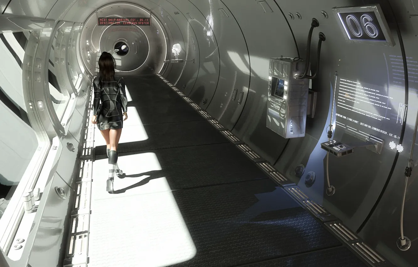 Фото обои девушка, будущее, фантастика, корабль, коридор, fantasy, космический