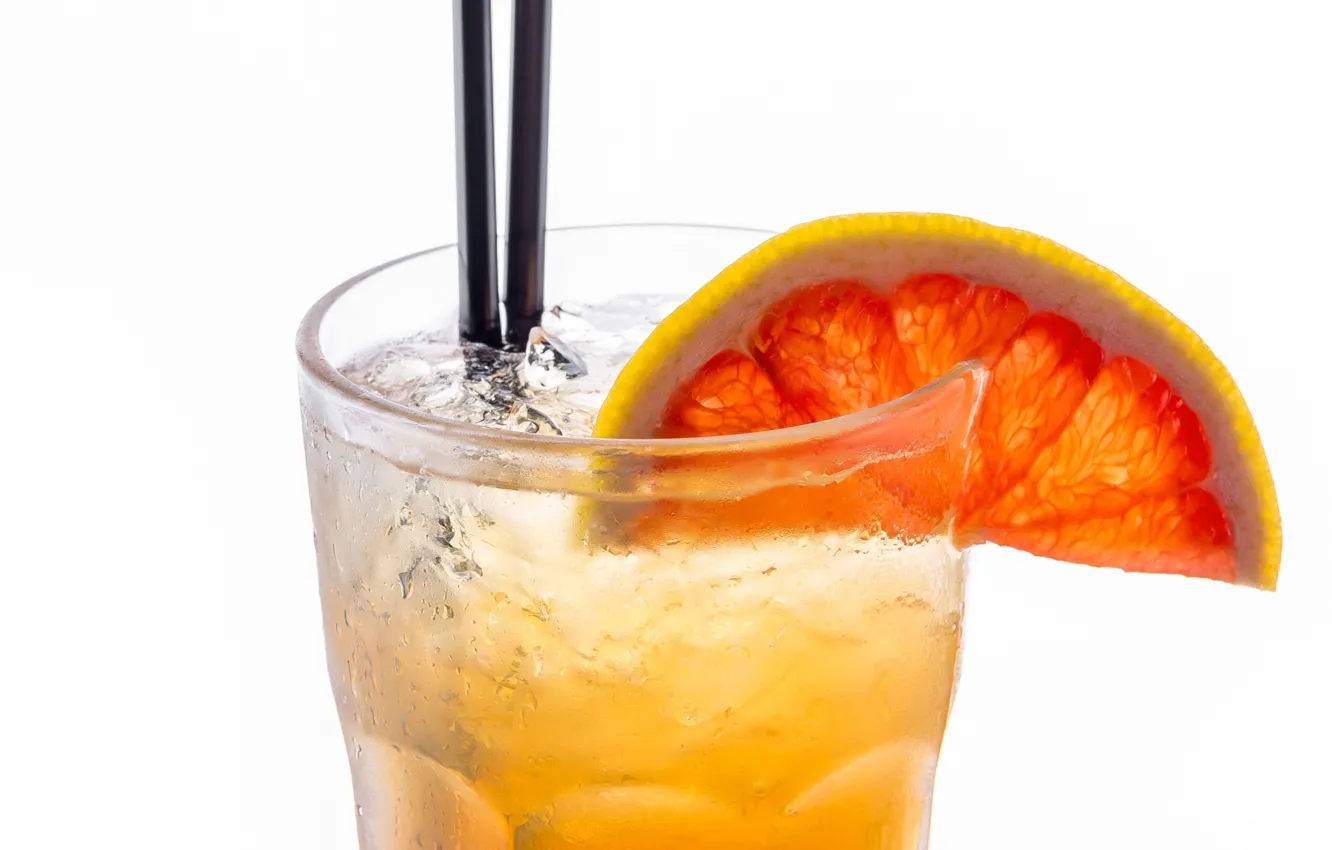 Фото обои стакан, лёд, долька, коктейль, трубочка, напиток, грейпфрут, лимонад