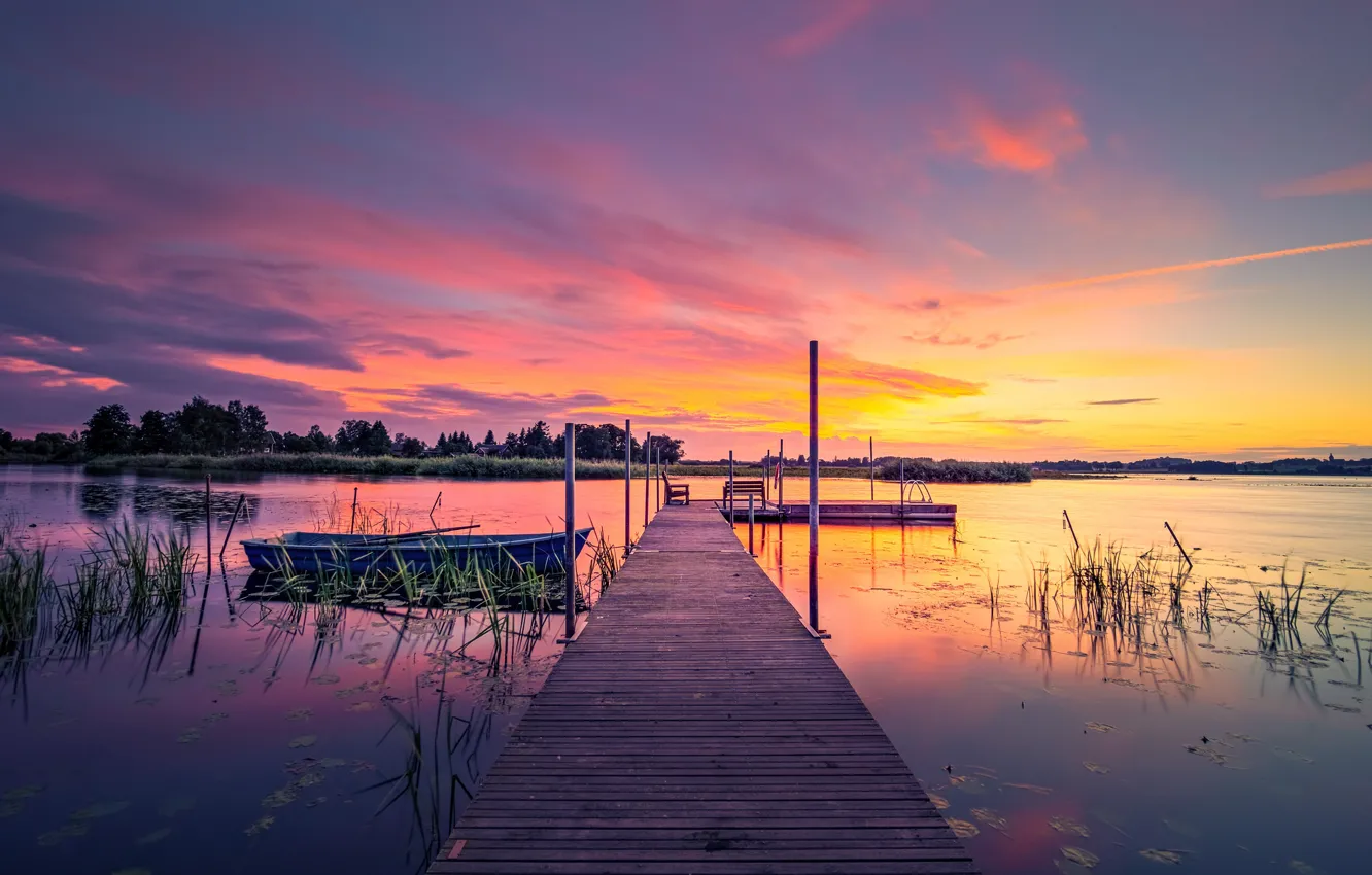 Фото обои Закат, Лодка, Лето, Швеция, Sweden, Sunset, Summer, Boat