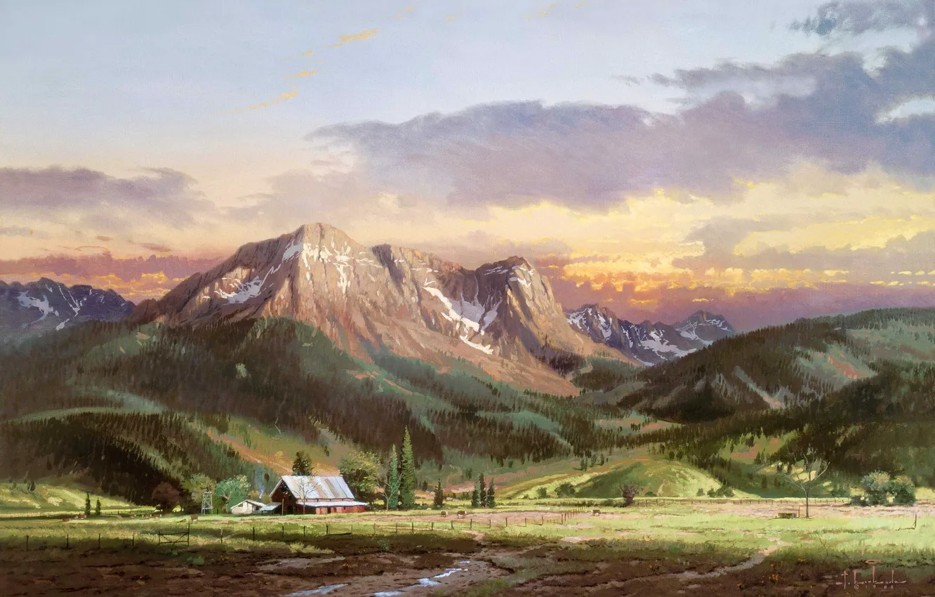 Фото обои mountains, thomas kinkade, farm, cows, Dusk in the valley