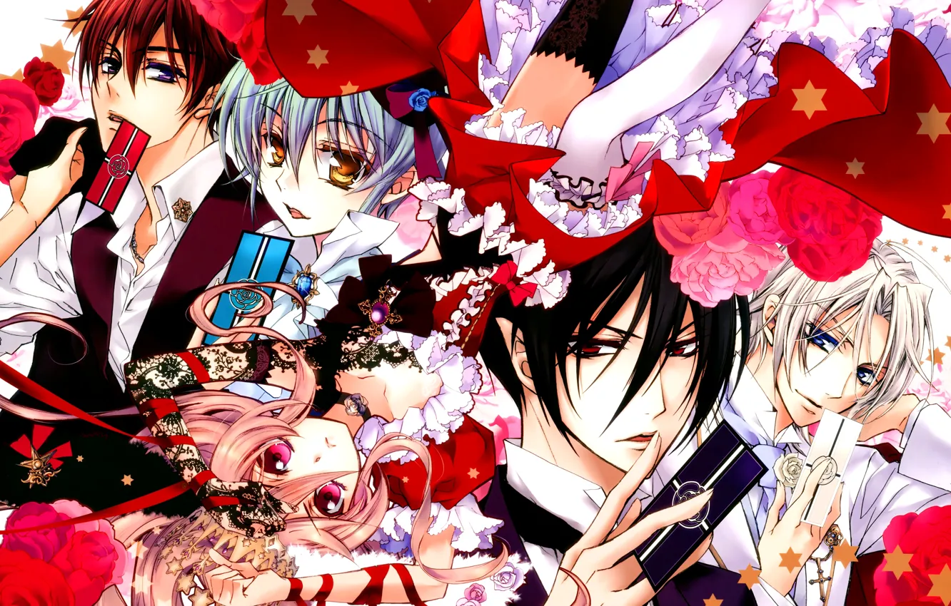 Фото обои карты, розы, парни, звездочки, красная лента, челка, оборки, seiran asagi