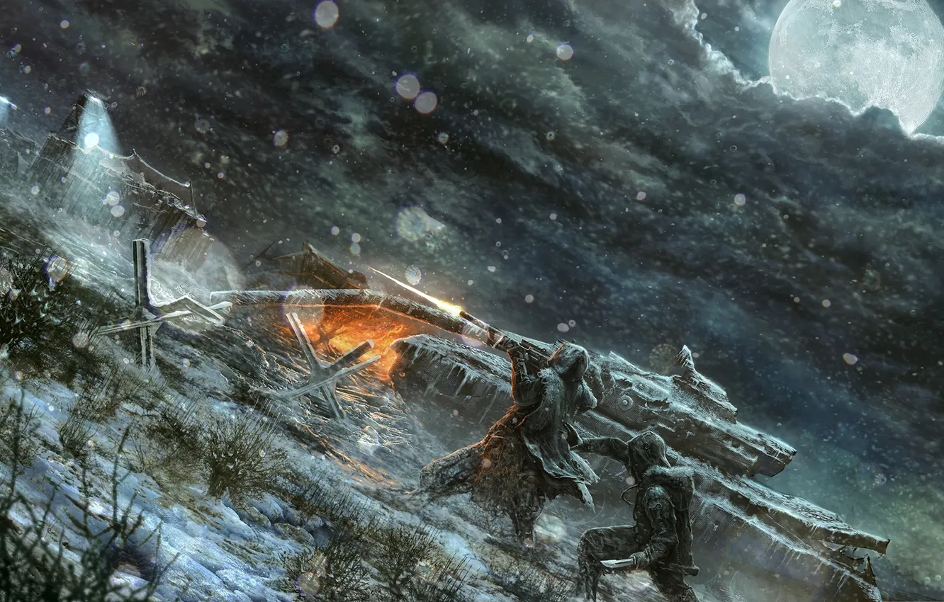 Фото обои снег, ночь, луна, солдат, нож, танк, снайпер