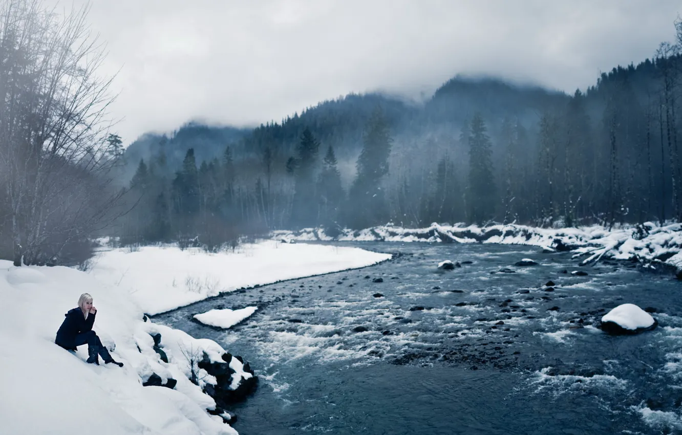 Фото обои зима, девушка, пейзаж, река, настроение