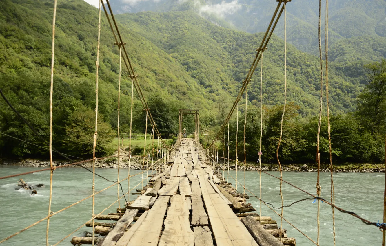 Фото обои небо, горы, мост, река