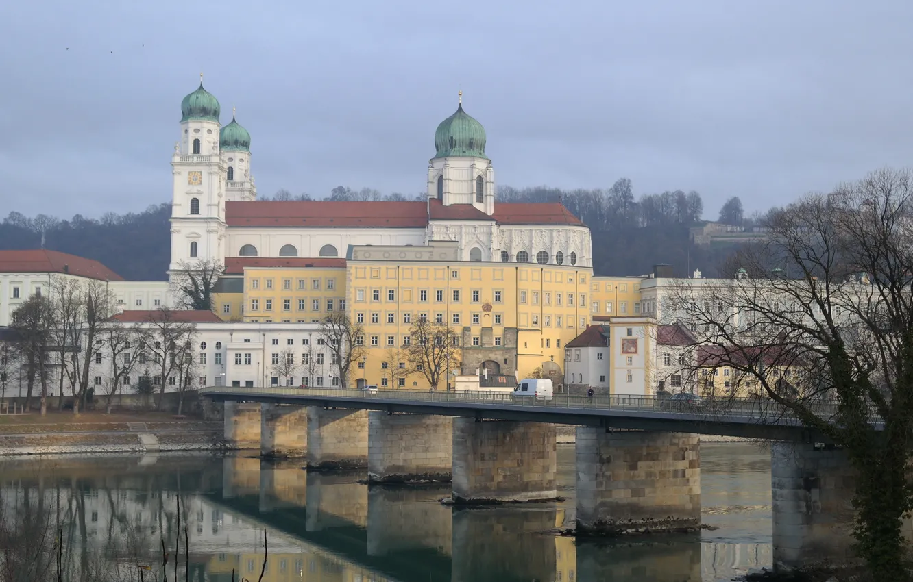 Фото обои мост, река, Германия, Бавария, Пассау, Собор Святого Стефана