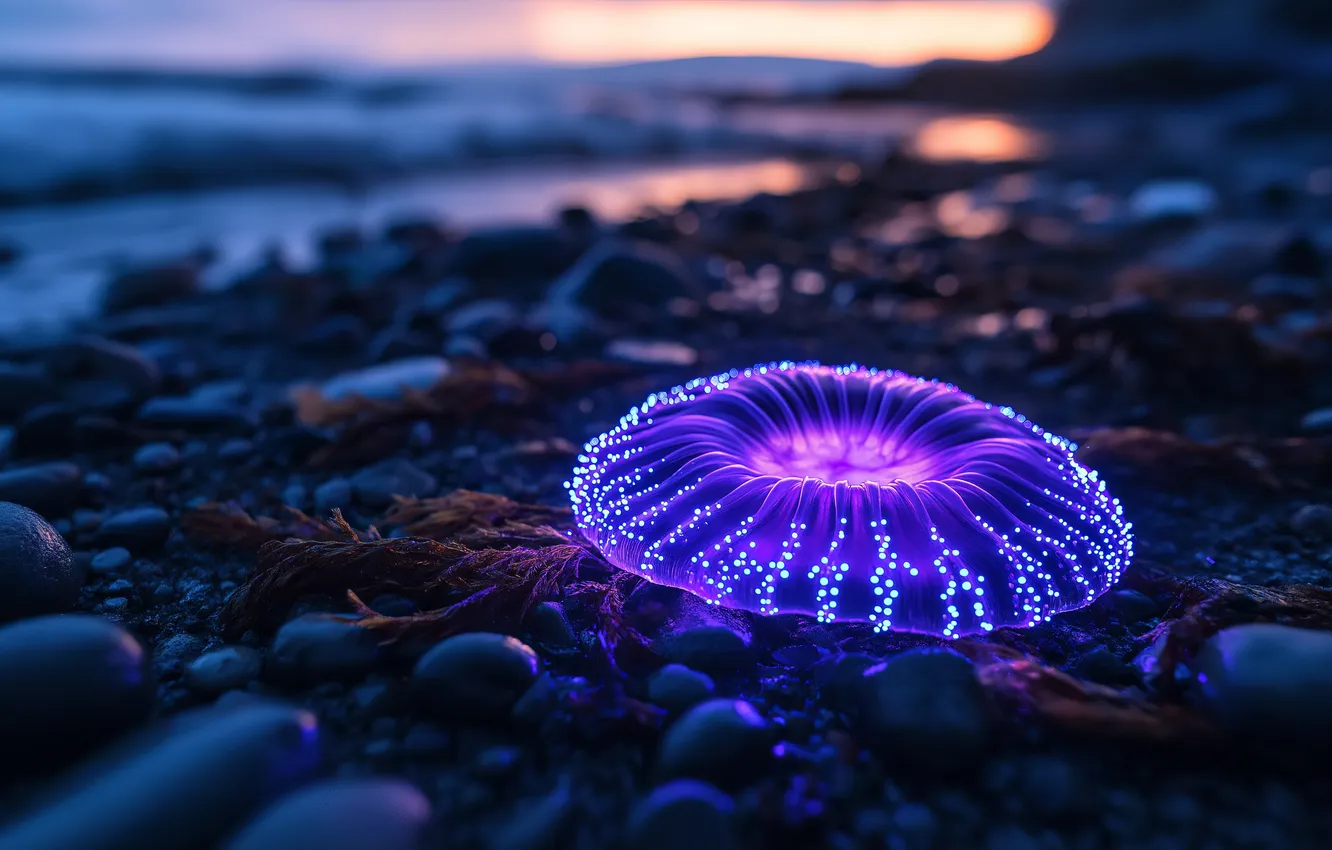 Фото обои пляж, медуза, beach, jellyfish, bioluminescence, ИИ арт, AI art