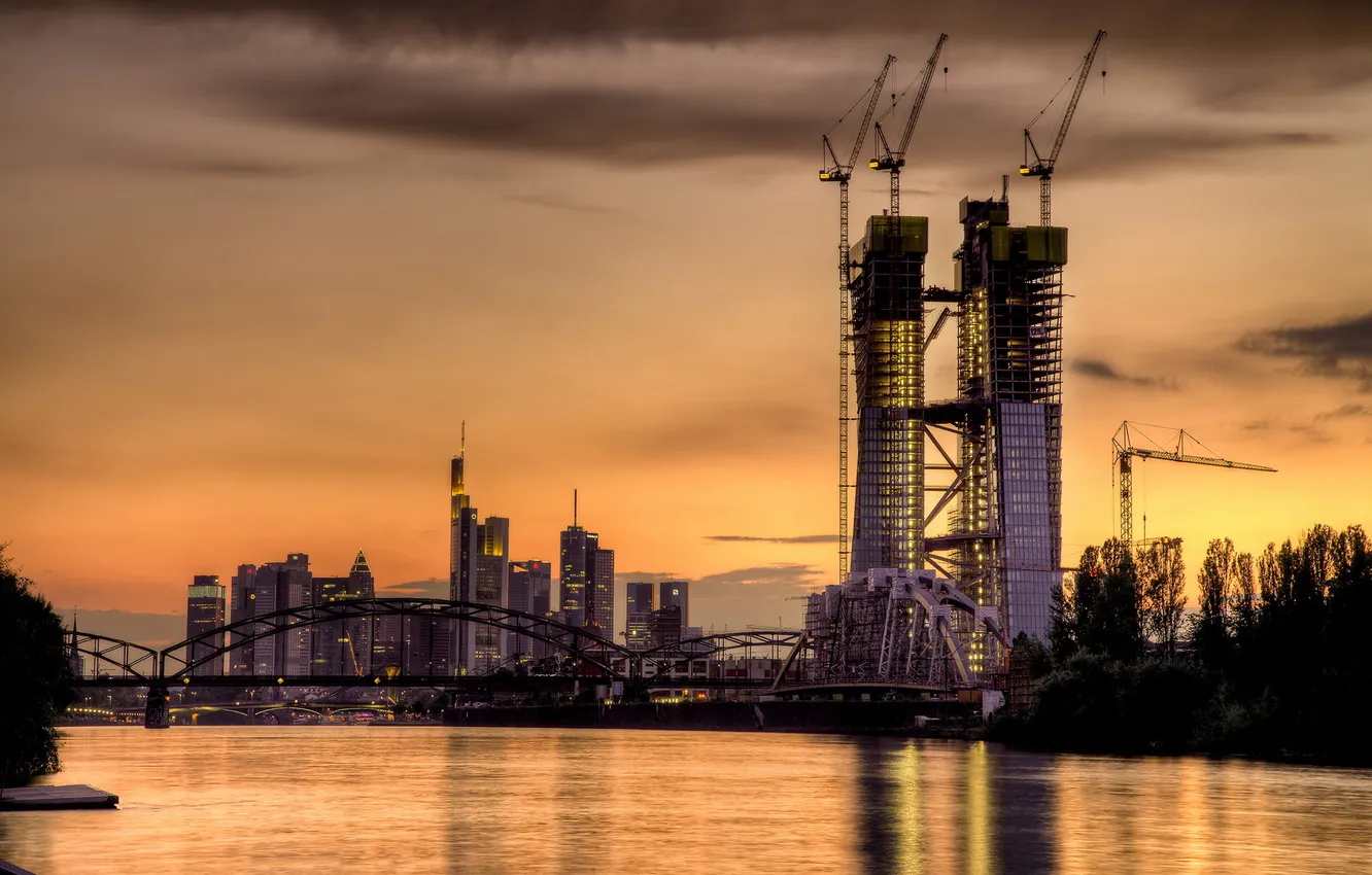 Фото обои ночь, город, причал, Frankfurt