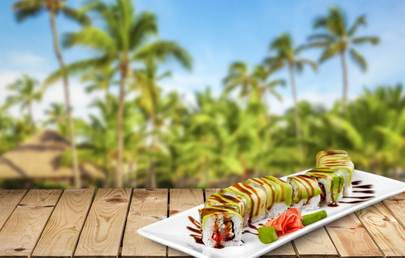 Фото обои фон, доски, соус, background, sushi, суши, роллы, морепродукты