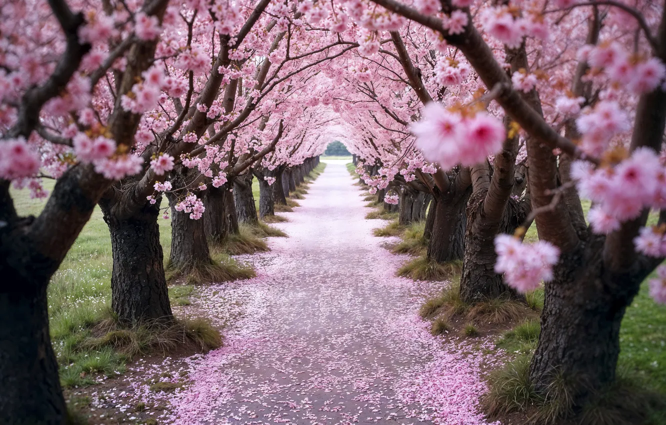 Фото обои деревья, парк, весна, сакура, аллея, цветение, trees, pink