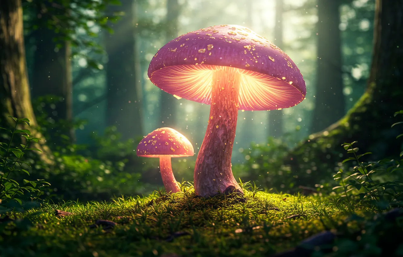Фото обои лес, ночь, фентези, розовый, обои, гриб, арт, wallpaper