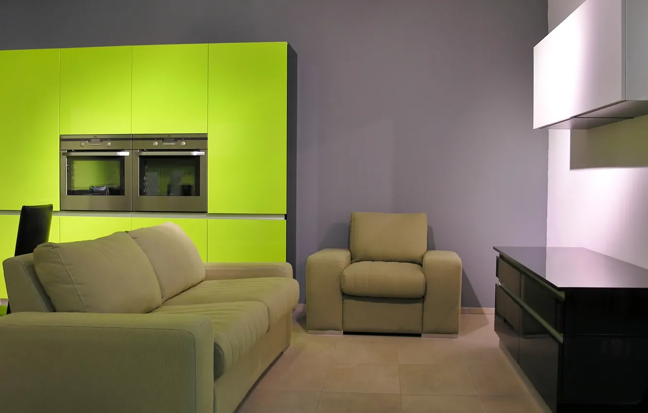 Фото обои зеленый, стол, комната, диван, интерьер, кресло, подушки, плита