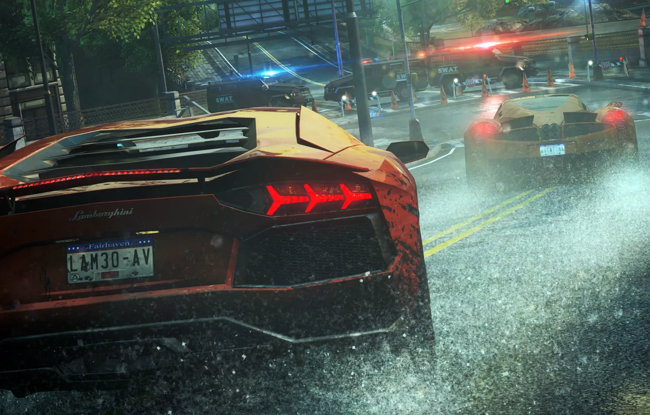 Фото обои дождь, гонка, полиция, Lamborghini, тачки, Need For Speed Most Wanted, cars