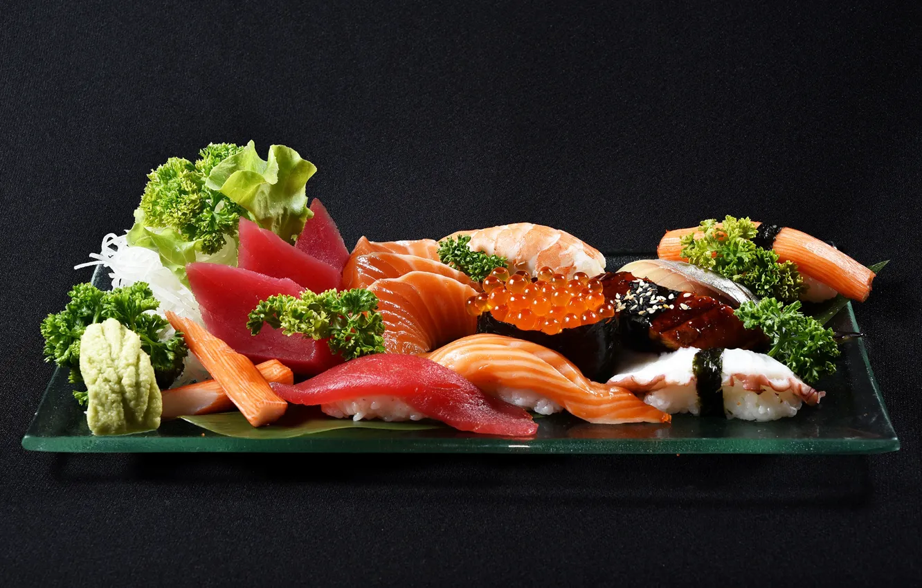 Фото обои рыба, икра, суши, креветки, морепродукты