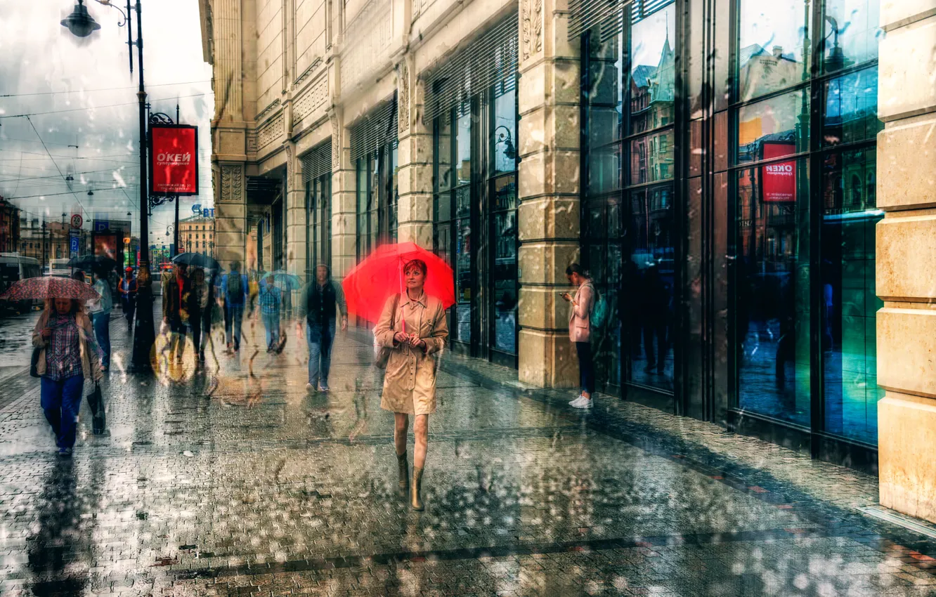 Фото обои девушка, дождь, зонт, Санкт-Петербург, прохожие
