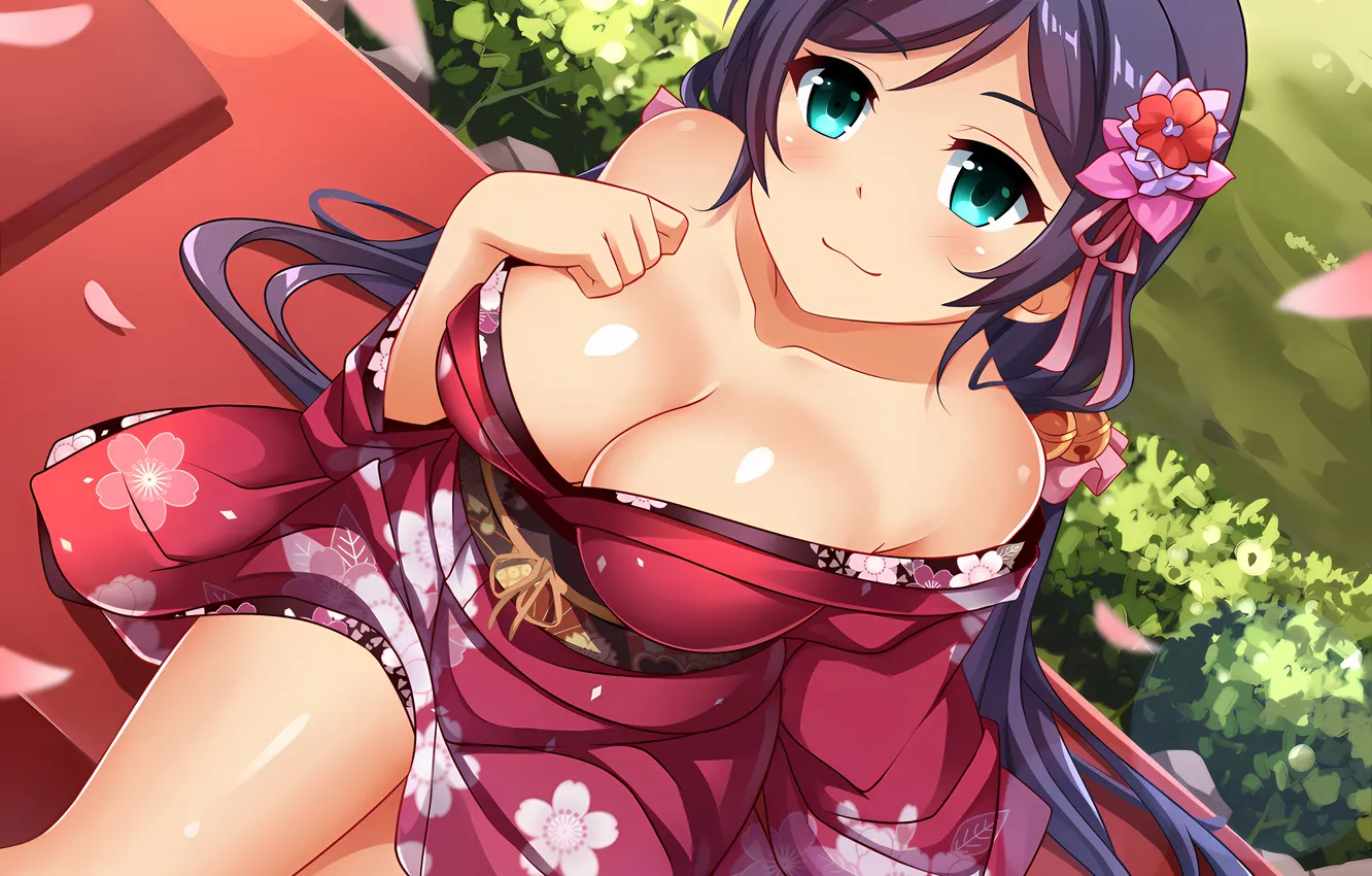 Фото обои girl, sexy, yukata, cleavage, green eyes, long hair, dress, boobs