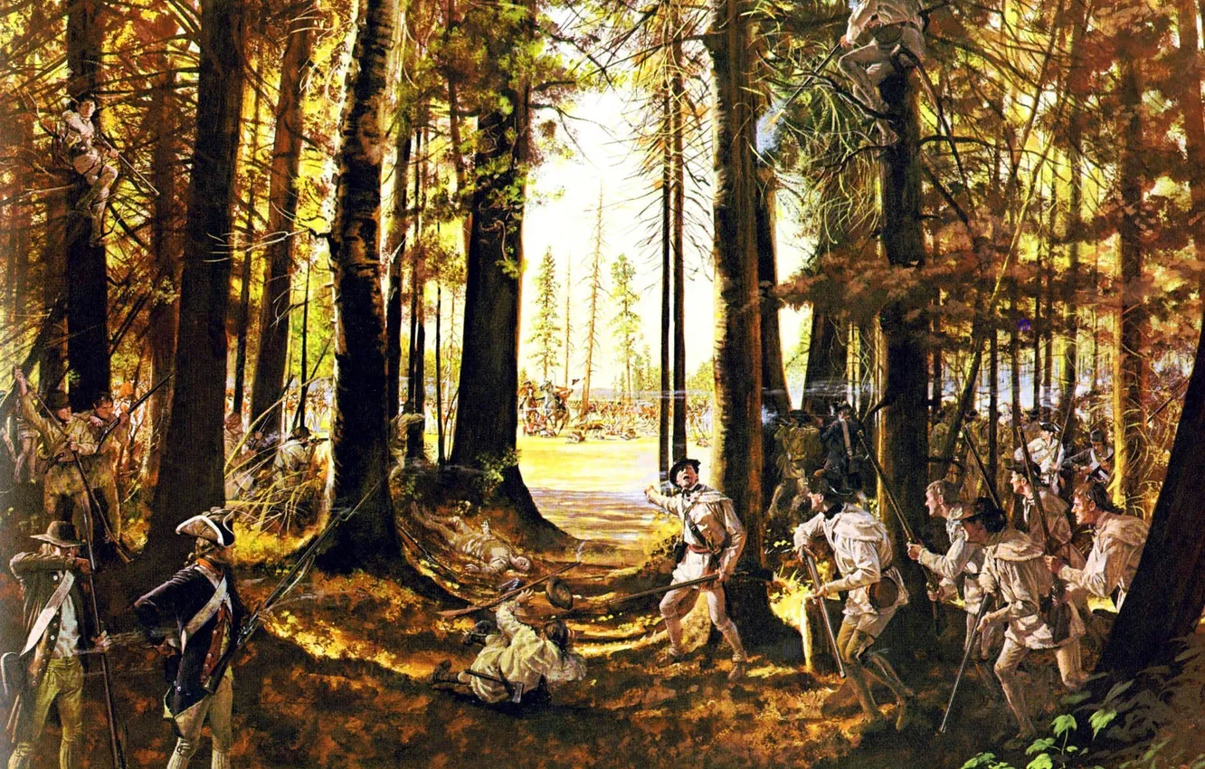 Фото обои лес, оружие, масло, картина, солдаты, экипировка, холст, война за независимость США 1775-1783 г.г.