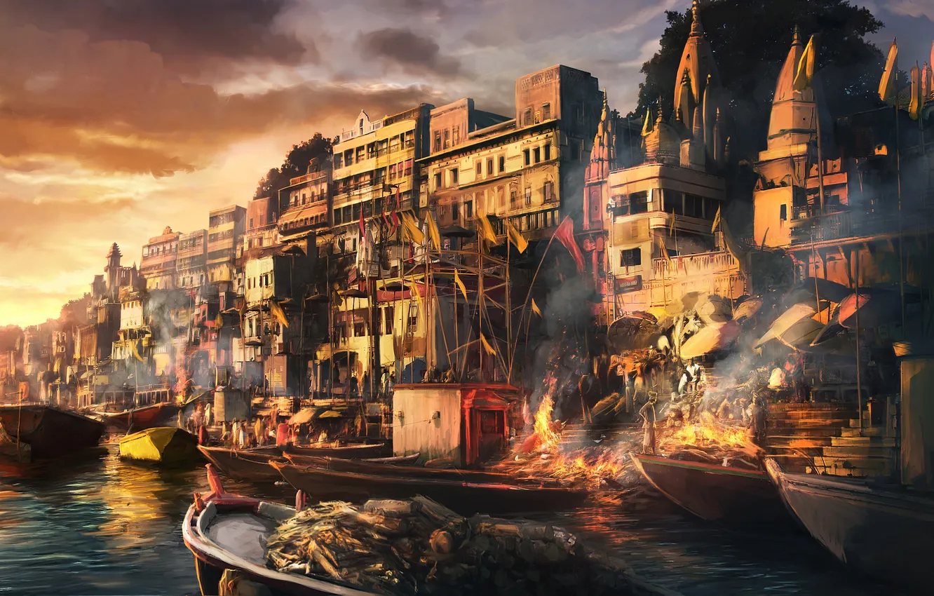 Фото обои город, люди, пожар, лодка