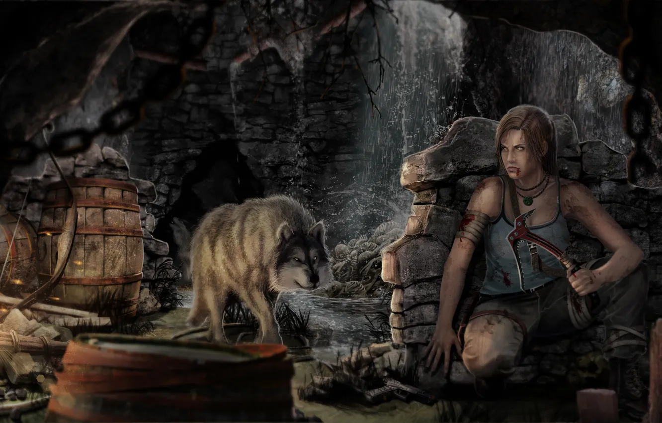 Фото обои девушка, волк, Tomb Raider, красотка, пищера