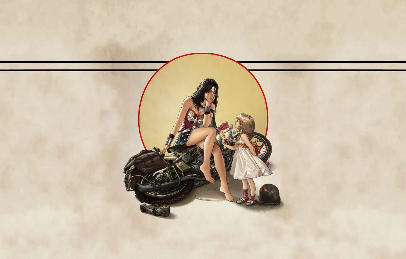 Фото обои девушка, фон, мотоцикл, Wonder Woman, комиксы