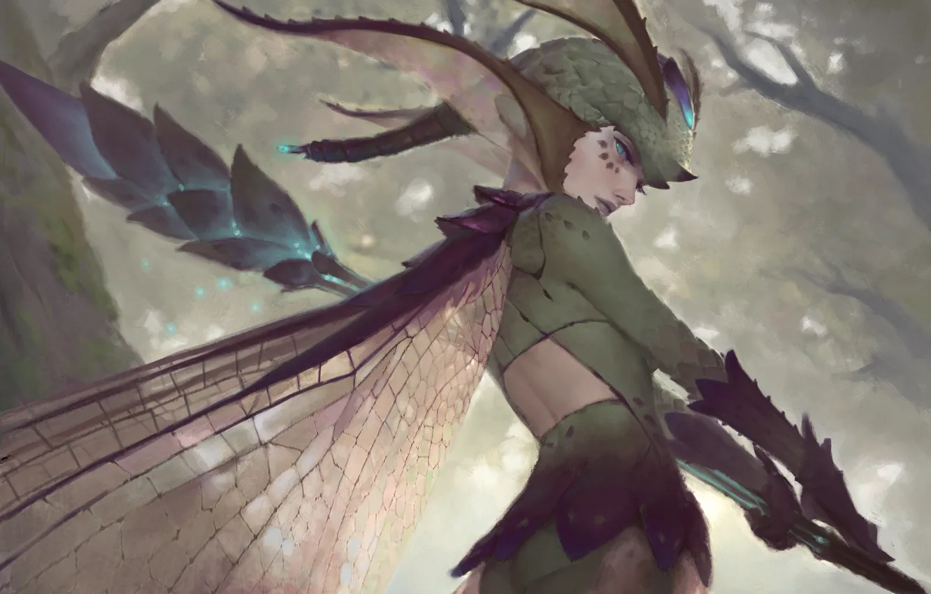 Фото обои лес, девушка, крылья, фея, фэнтези, жезл
